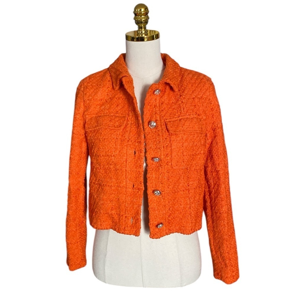 RACHEL ZOE Solid Boucle Orange Cropped Tweed Jacket Women’s Size XS Corpcore - Picture 4 of 8